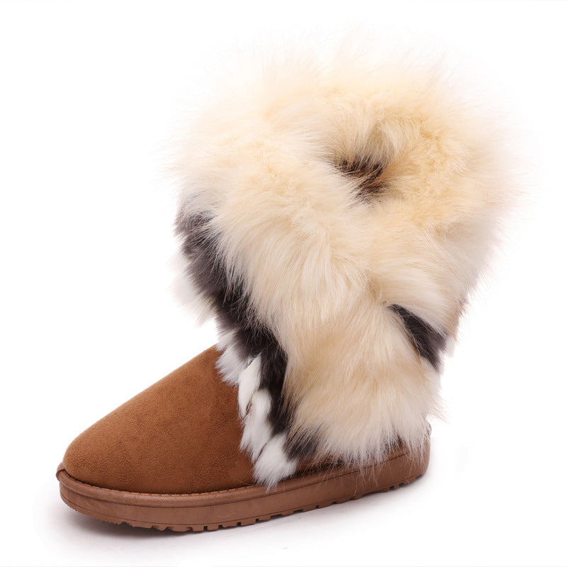 Women Winter Snow Boots Thick Fluffy Fox Fur Waterproof Non-slip Warm Cotton