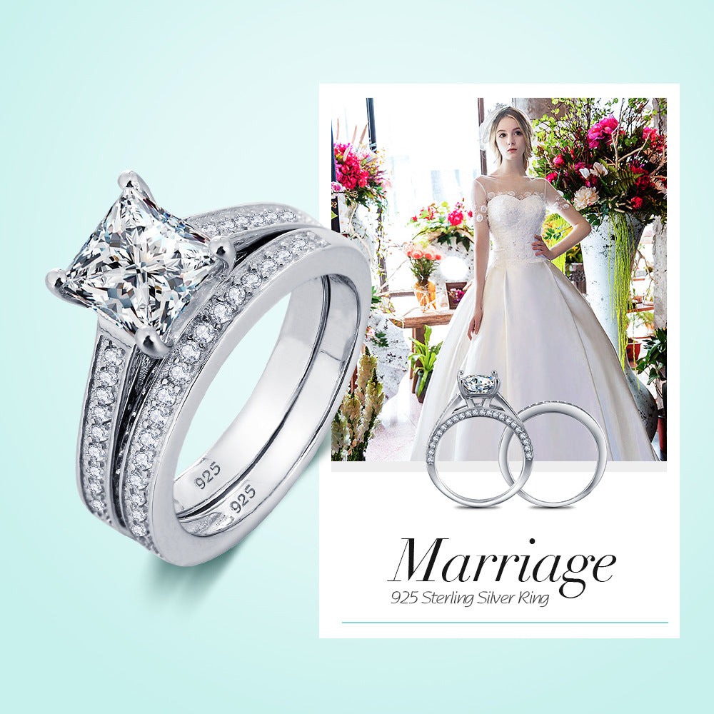 Hearts and Arrows Silver Diamond Ring European and American fashion zircon zircon couple engagement ring sets of rings for women