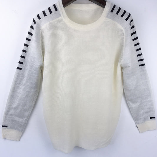Men's Fashion Casual Sweater Pullover Stripe splicing Thick Slim fit Knitted Round Neck