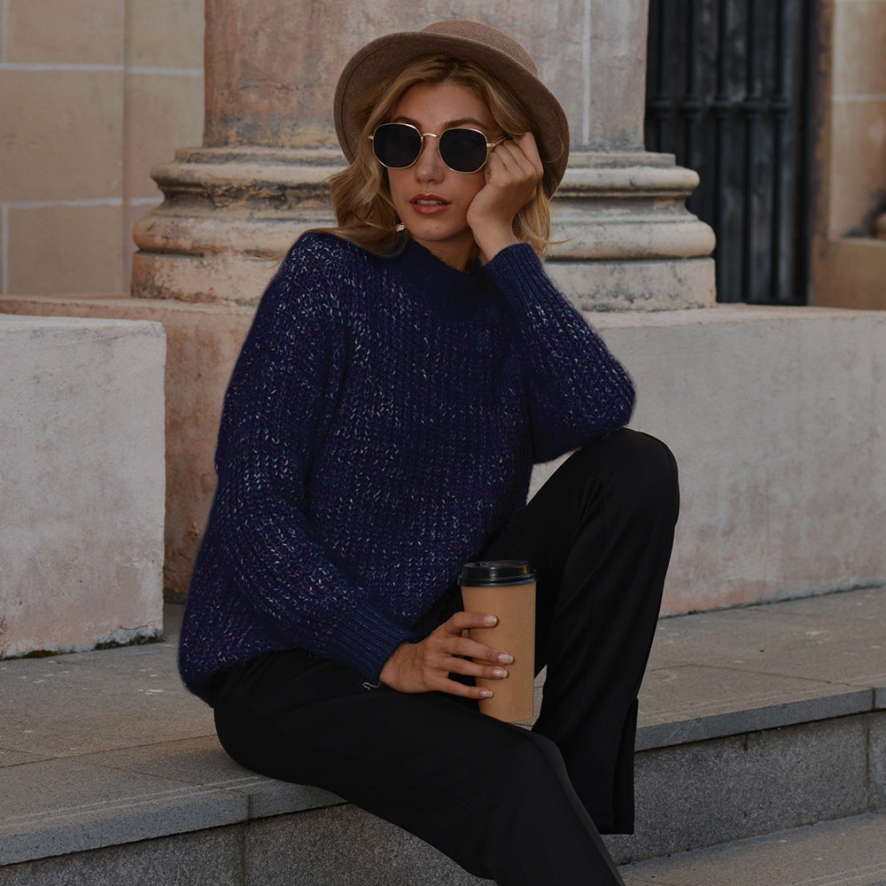 Women Autumn Round Neck Bright Silk Sweater Long Sleeves