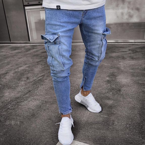 Men's jeans trend knee hole zipper feet pants hi road men knee eversion
