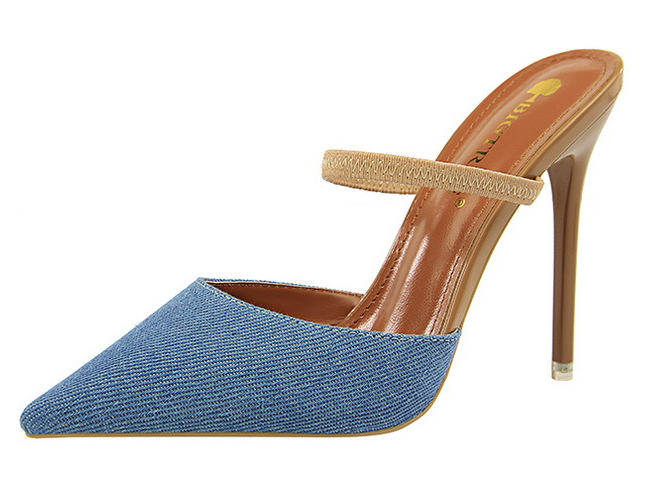 Baotou slippers stiletto high heel sexy thin shallow mouth pointed denim face with slippers