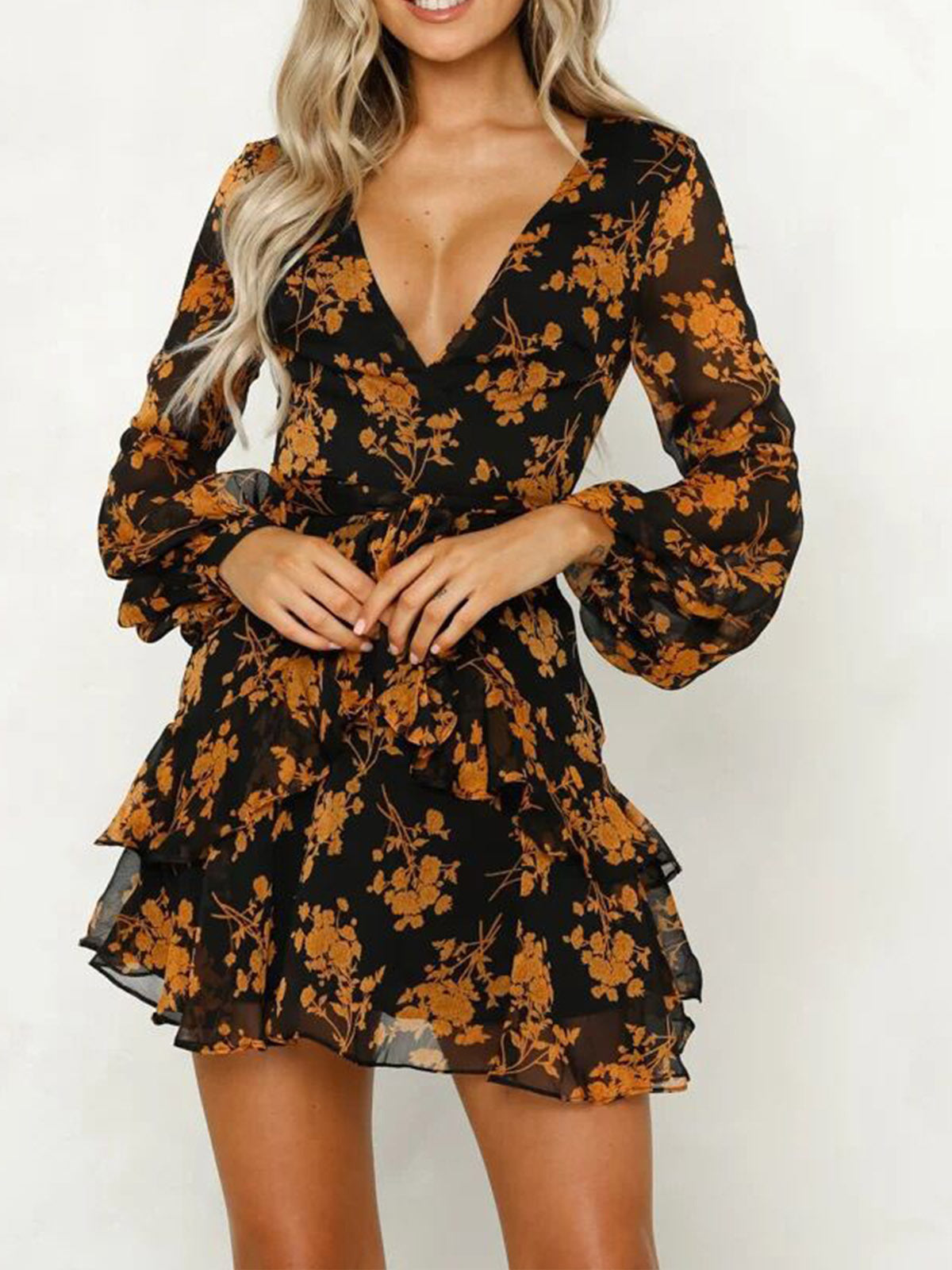 Long Sleeve Printed V-neck High Waist Pullover Tie Dress