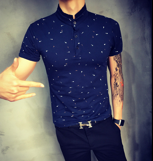 Guitar Print Stand Collar T-shirt