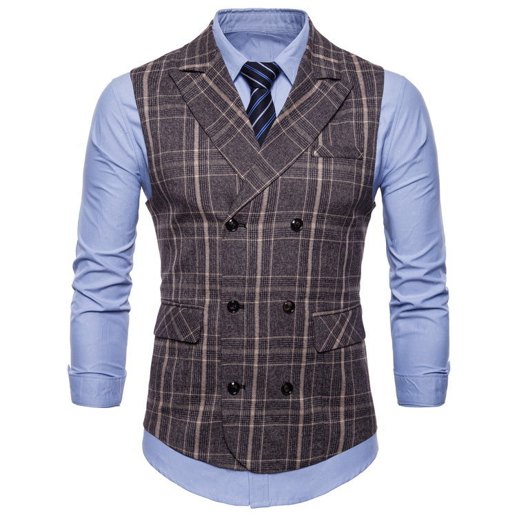 Double-breasted retro checked vest