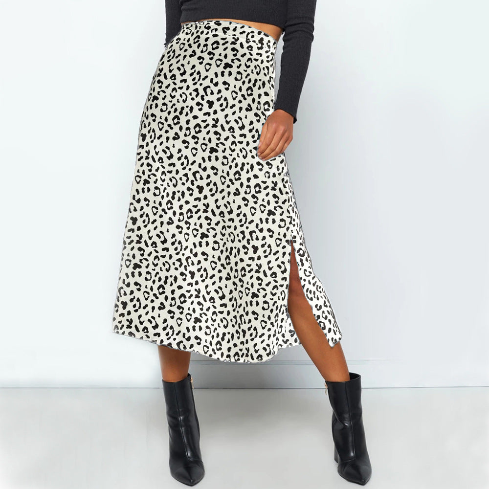 Leopard-print chiffon print split skirt for women
