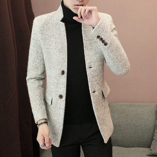 Youth Mid-Length Windbreaker Fashion Woolen Stand Collar Coat Trendy Men's Jacket