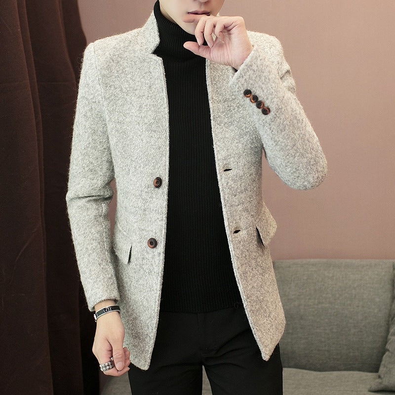 Youth Mid-Length Windbreaker Fashion Woolen Stand Collar Coat Trendy Men's Jacket