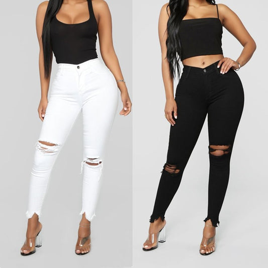 2022 ripped solid denim long pants for women