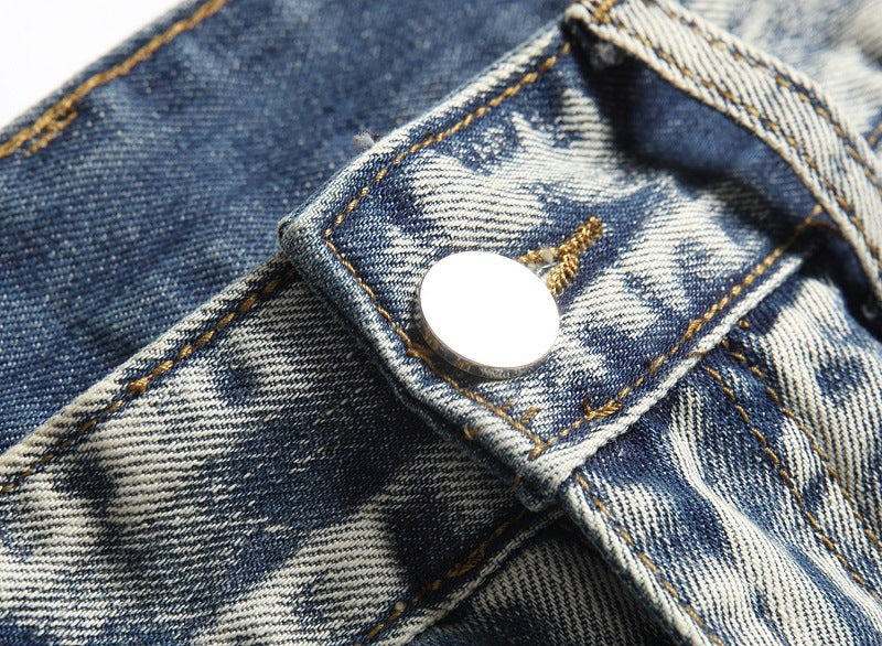 European And American Nostalgic Men Ripped Personality Mid-Rise Jeans