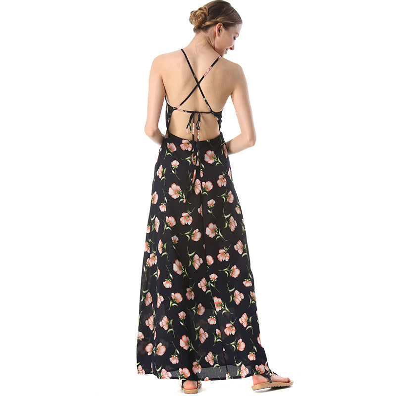 Sexy Open-Back Lace-Up Beach Dress Hollow Print Long Skirt