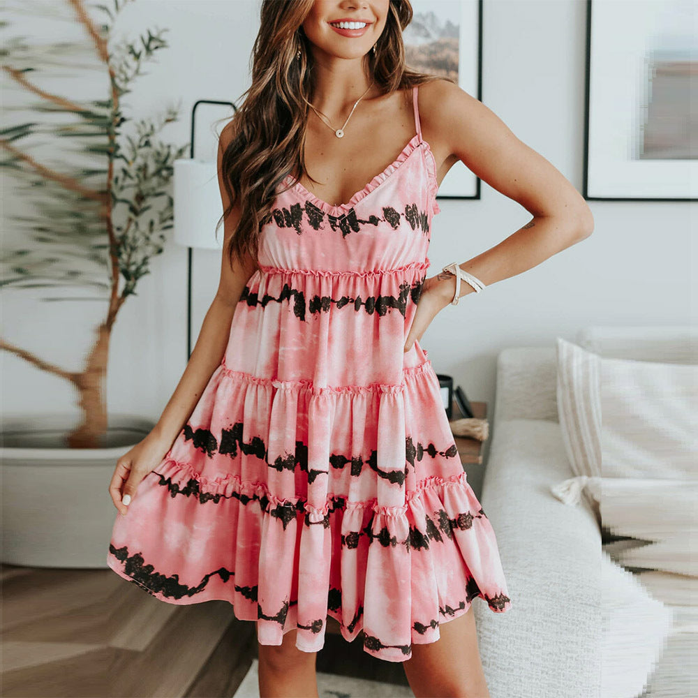 Women's Fashion V-Neck Sling Ruffle Dress