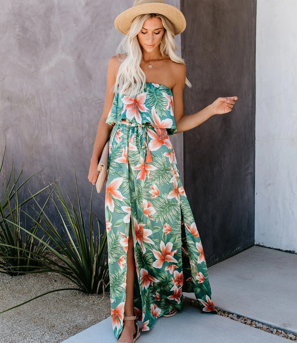Off-shoulder ruffle split dress