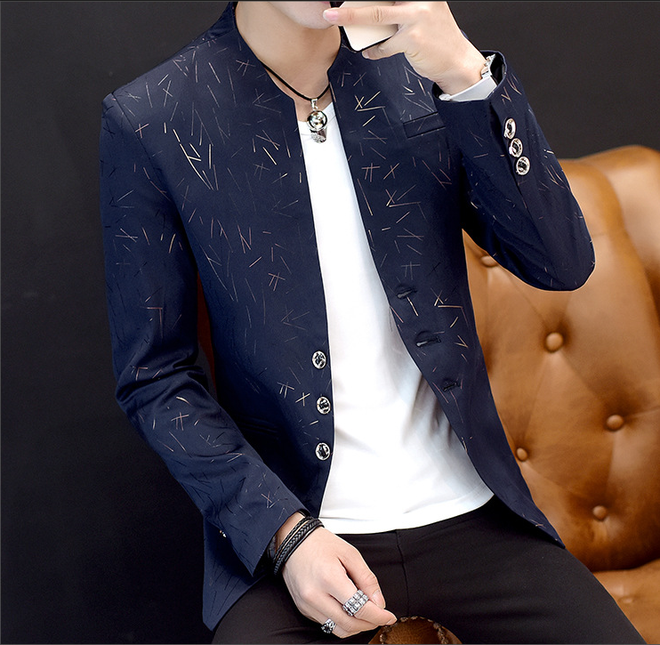 Men's printing small suit male Korean version of the self-cultivation collar collar tunic casual suit thin coat youth handsome scorpion