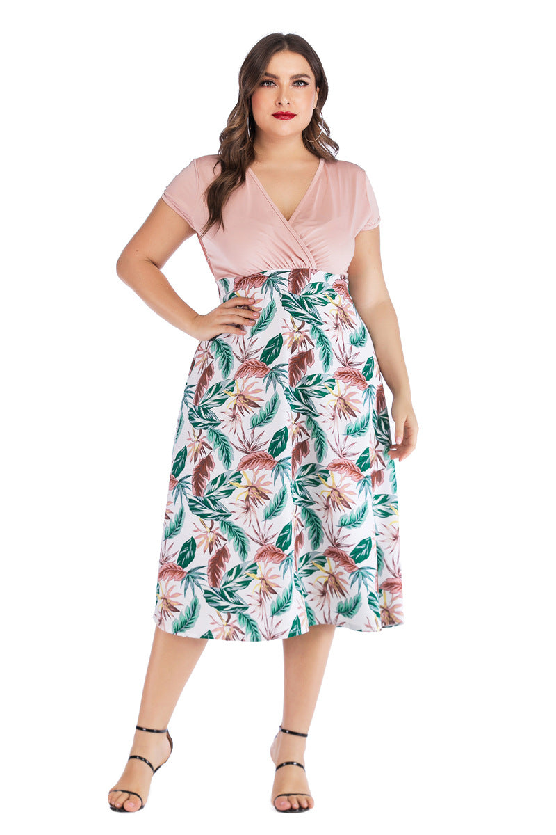 Summer New V-neck Printed Stitching Short-sleeved Dress