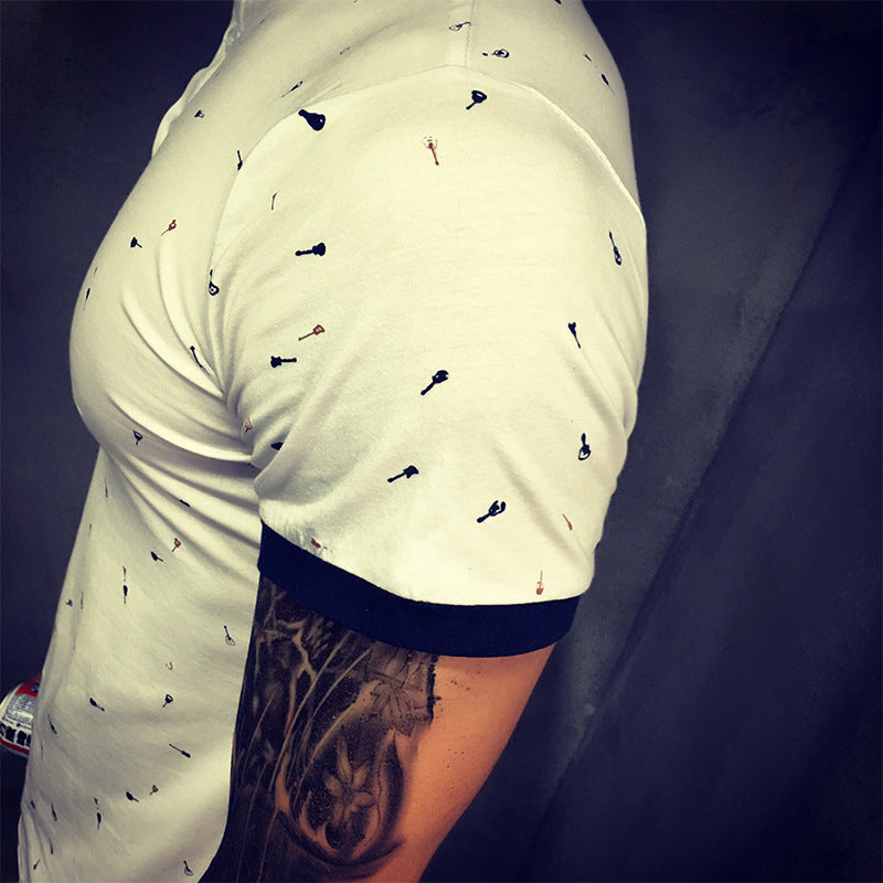 Guitar Print Stand Collar T-shirt