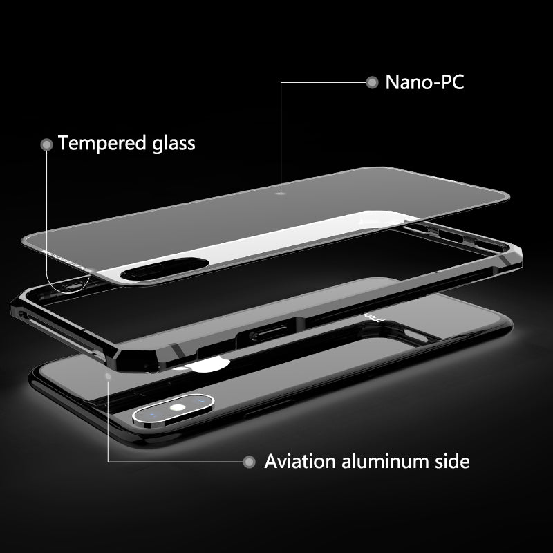 Transparent tempered glass phone case with super strong shock proof metal phone case for iphone and android mobiles