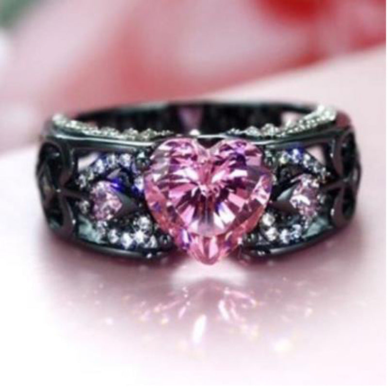 Women Europe And The United States Princess Diamond Ring Heart-shaped Ruby Engagement Lady Black Gold Ring
