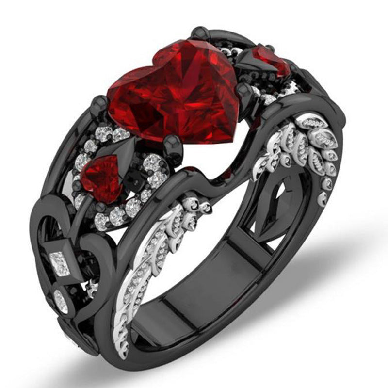 Women Europe And The United States Princess Diamond Ring Heart-shaped Ruby Engagement Lady Black Gold Ring