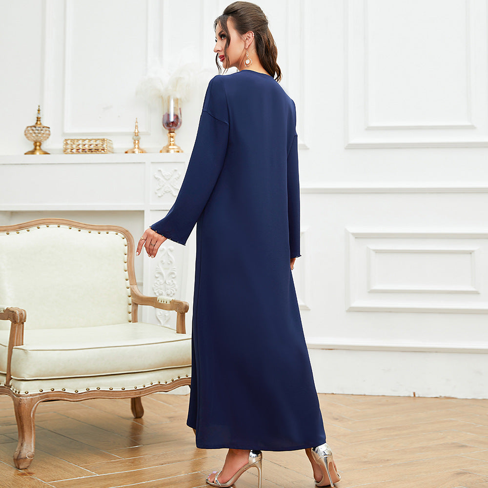 Navy Blue Neckline Seam Drill Temperament Slim Slim Robe Dress