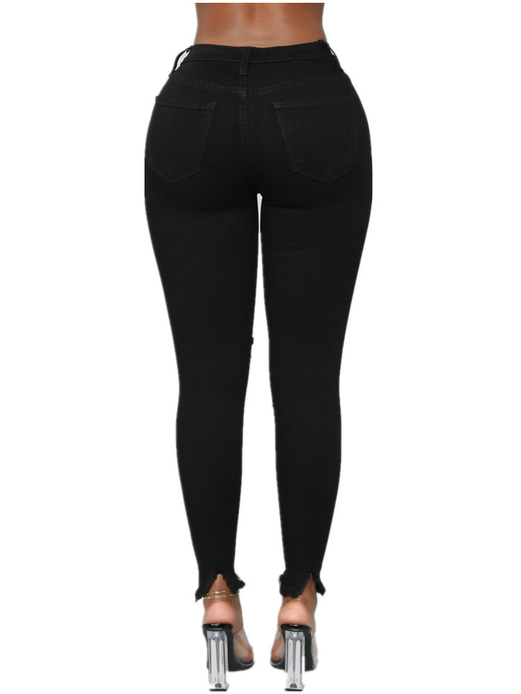 2022 ripped solid denim long pants for women