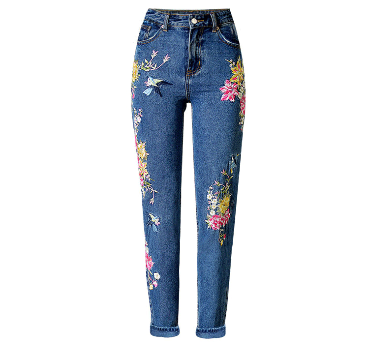 High-rise Slim-fit Straight-leg Jeans With Front And Back Embroidery
