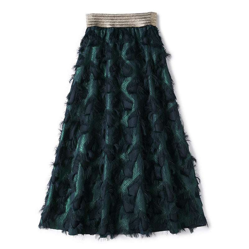 Gold Thread Elastic Waist Long Feather Skirt for women