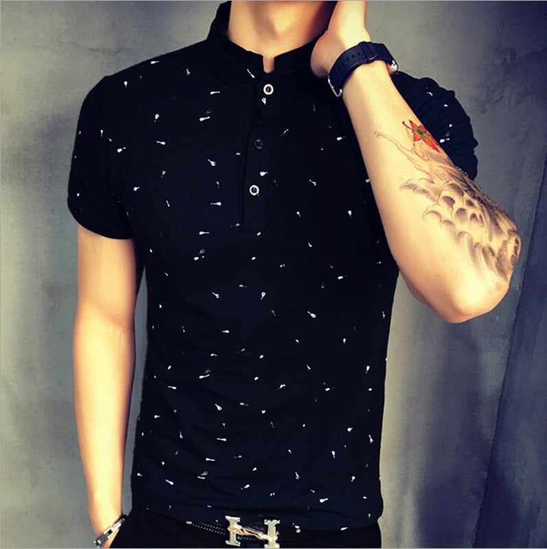 Guitar Print Stand Collar T-shirt