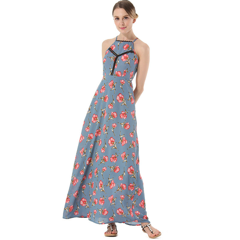 Sexy Open-Back Lace-Up Beach Dress Hollow Print Long Skirt