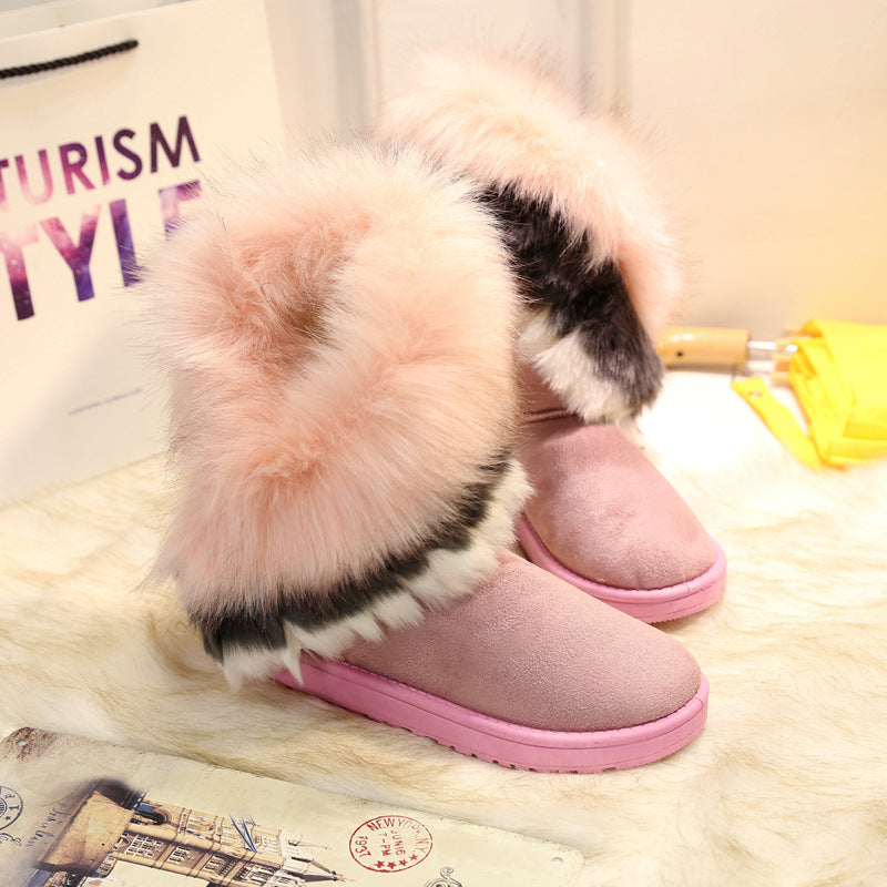 Women Winter Snow Boots Thick Fluffy Fox Fur Waterproof Non-slip Warm Cotton