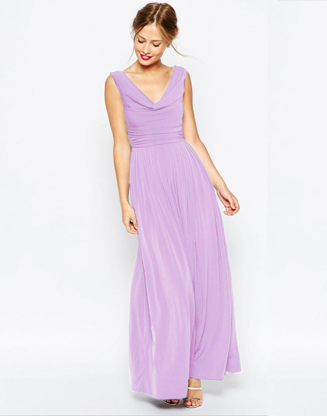 V-Neck Large Sleeveless Back Zipper Pleated Long Dress