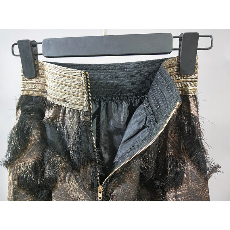 Gold Thread Elastic Waist Long Feather Skirt for women