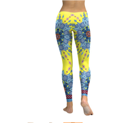 Yellow Blue Starburst Mandala Flower Yoga Workout Leggings For Women