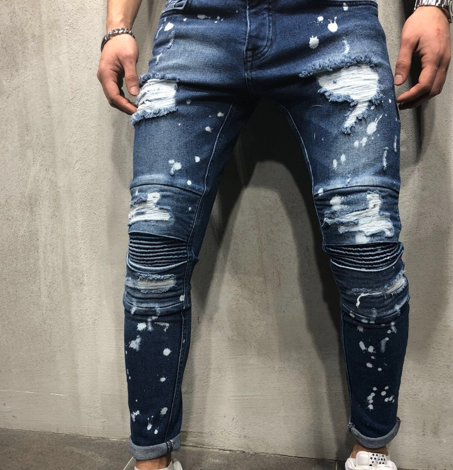 Men's Slim Feet Jeans Hole Tide Knee Pleats Men's Motorcycle Jeans