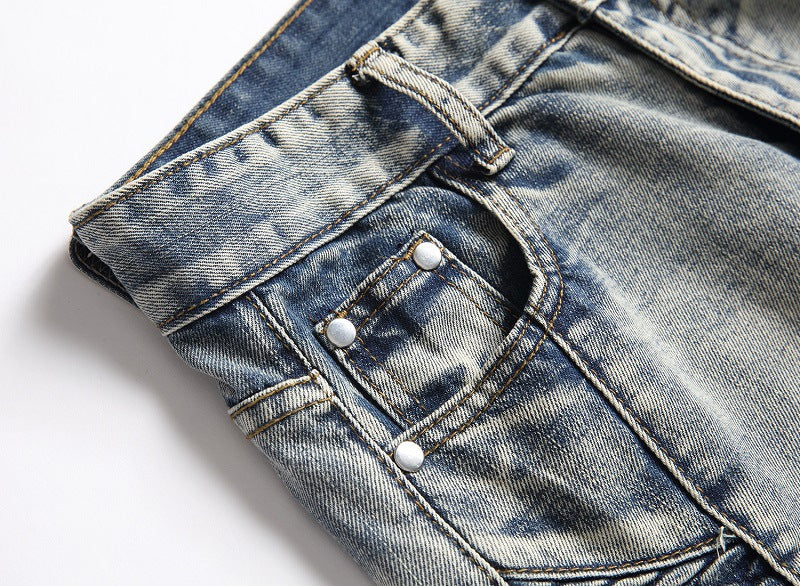 European And American Nostalgic Men Ripped Personality Mid-Rise Jeans