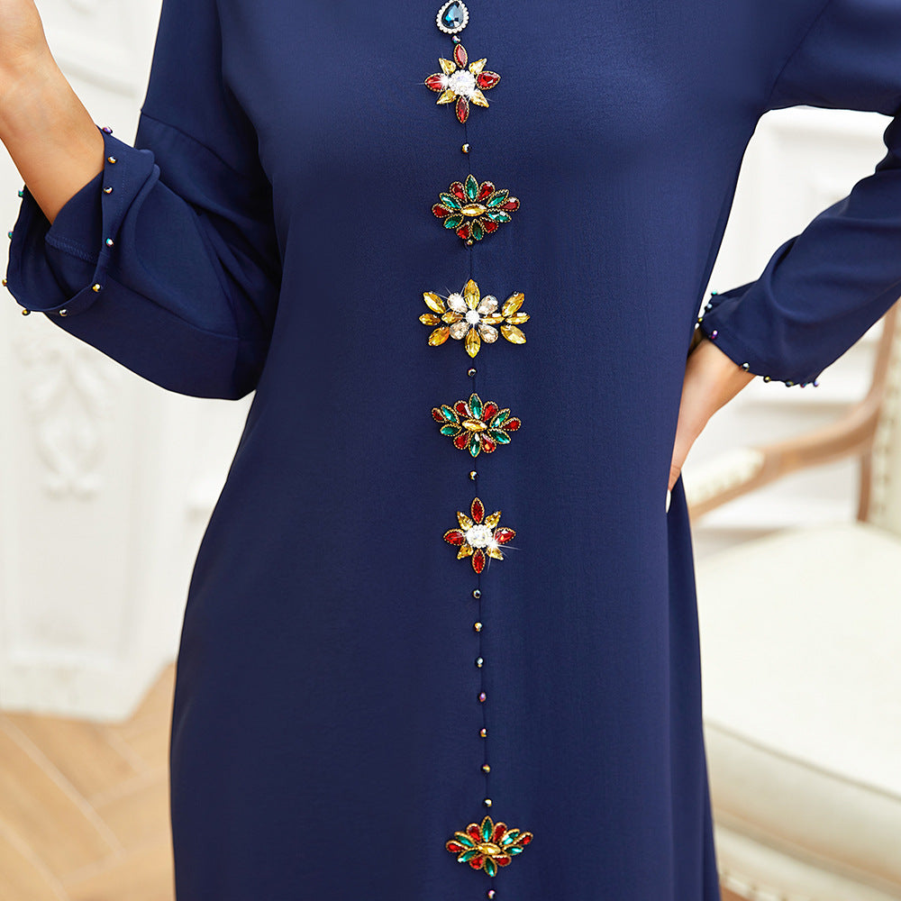 Navy Blue Neckline Seam Drill Temperament Slim Slim Robe Dress