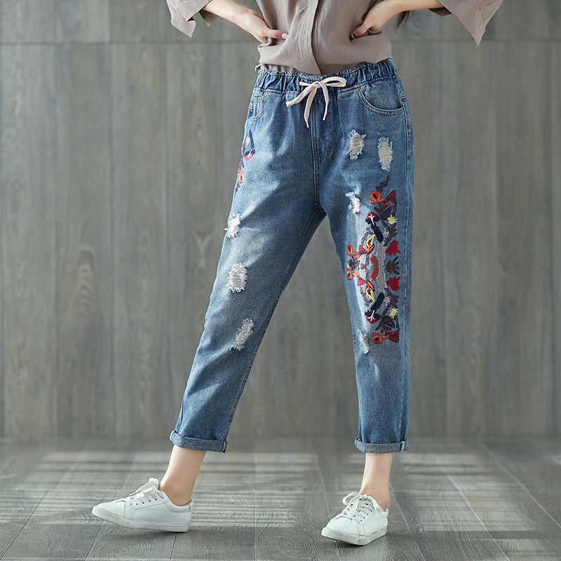 Artistic Embroidery Loose All-match Ripped Elastic Waist Cropped Jeans