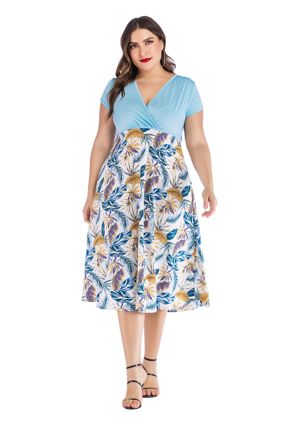 Summer New V-neck Printed Stitching Short-sleeved Dress