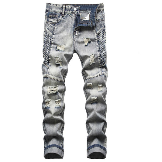 European And American Nostalgic Men Ripped Personality Mid-Rise Jeans