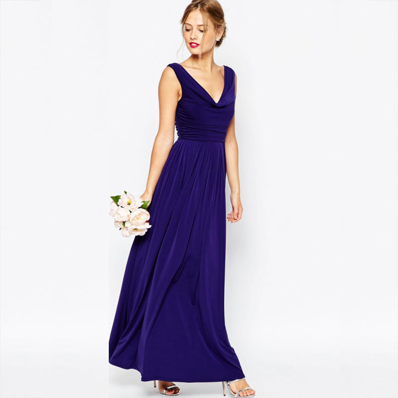 V-Neck Large Sleeveless Back Zipper Pleated Long Dress