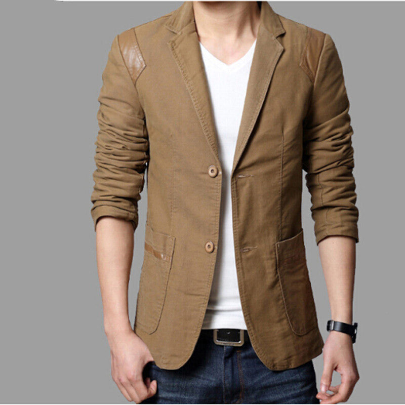 New Slim Fit Cotton Suit Men's Casual Leather Patchwork Large Size Small Suit Single West