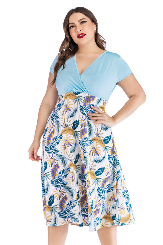 Summer New V-neck Printed Stitching Short-sleeved Dress