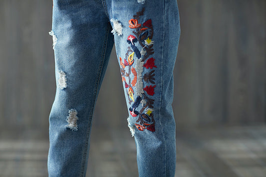 Artistic Embroidery Loose All-match Ripped Elastic Waist Cropped Jeans