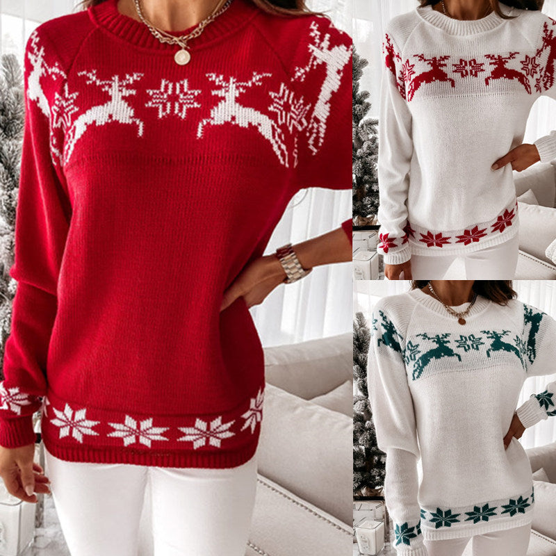 Elk Partial Jacquard Ladies Knitted Long-sleeved Top