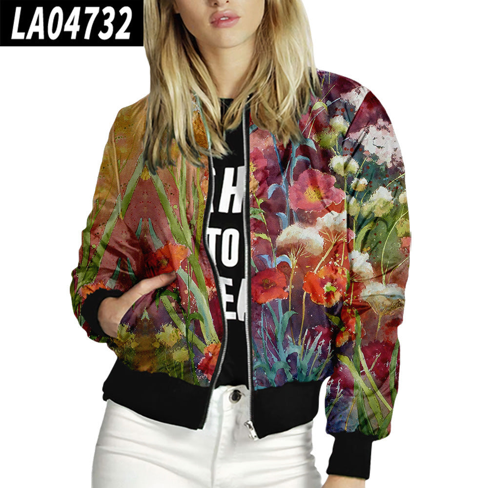 Women Stand Up Collar Baseball Uniform Floral Pattern