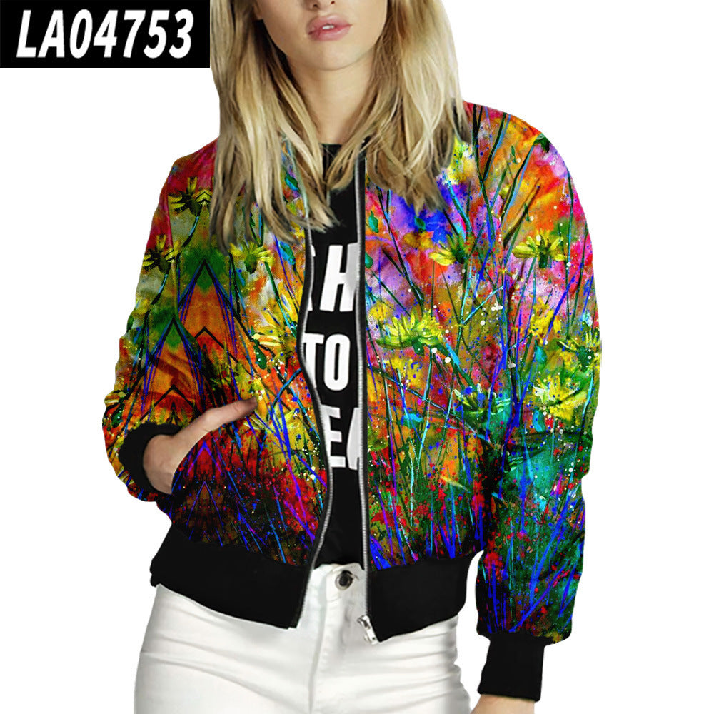 Women Stand Up Collar Baseball Uniform Floral Pattern