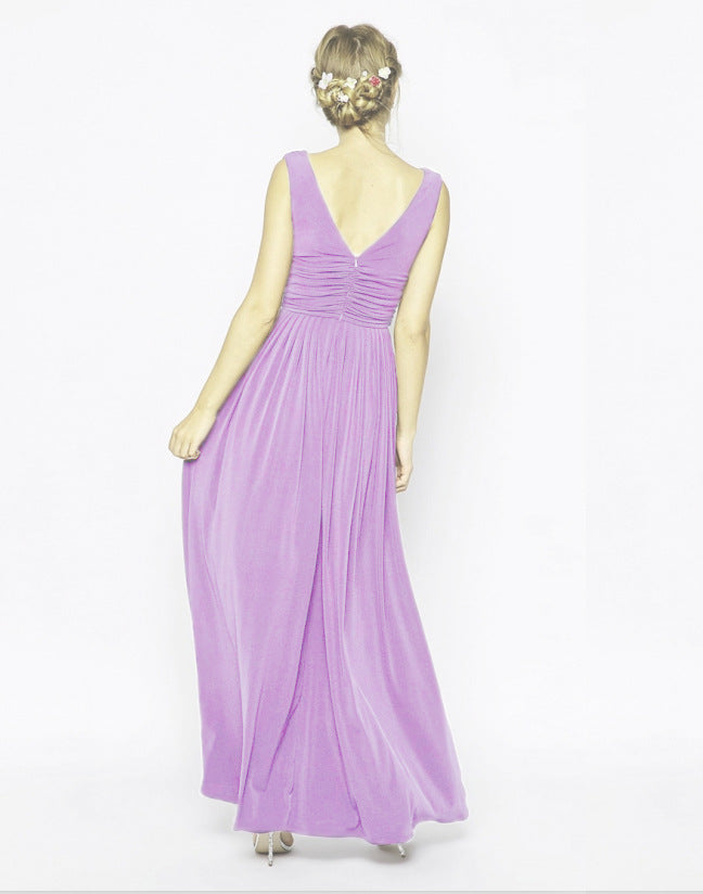 V-Neck Large Sleeveless Back Zipper Pleated Long Dress