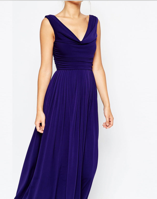 V-Neck Large Sleeveless Back Zipper Pleated Long Dress