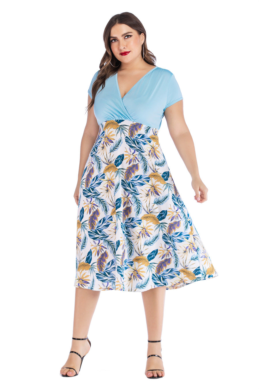 Summer New V-neck Printed Stitching Short-sleeved Dress