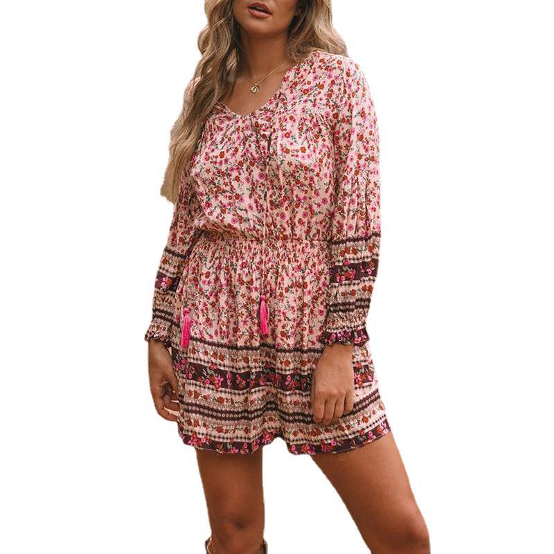 Printed V-neck Lantern Long Sleeve High Waist Casual Dress